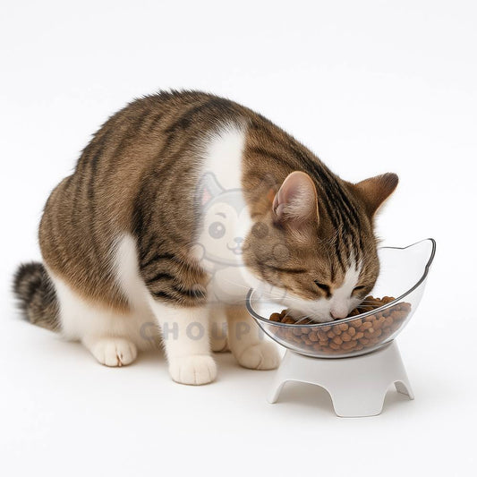 Chat mangeant dans une gamelle surélevée ergonomique ChoupiZoo, bol antireflux pour une meilleure digestion.