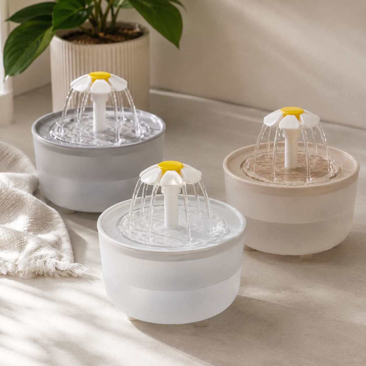 Trois variantes de fontaine à eau Daisy pour chat présentées avec lumière douce et eau en mouvement.