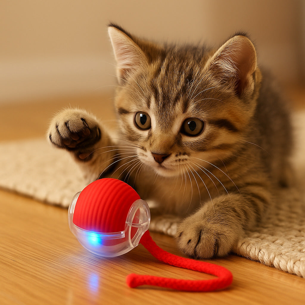 Balle interactive rouge pour chat avec ficelle – jouet stimulant signé ChoupiZoo.