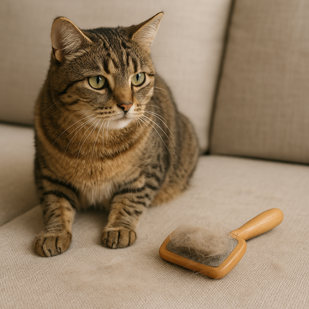 Chat domestique tigré perdant ses poils, assis sur un canapé avec une brosse à poils – Choupi-Zoo.