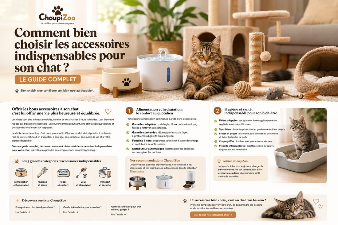 Chat entouré d’une fontaine à eau, d’une gamelle, d’un arbre à chat, d’un griffoir et de jouets, illustrant les accessoires indispensables pour son bien-être.