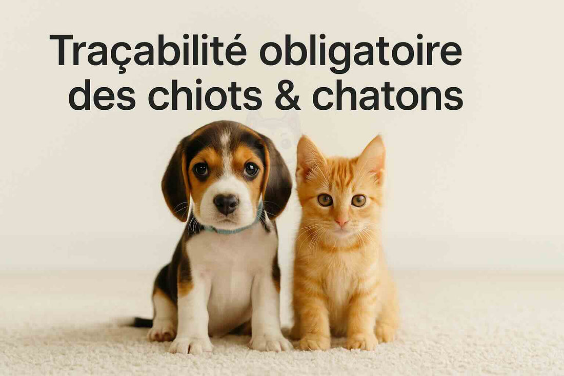 Femme tenant un jeune chien en laisse dans un parc, illustrant la nouvelle traçabilité obligatoire des chiots et chatons en Europe en 2025