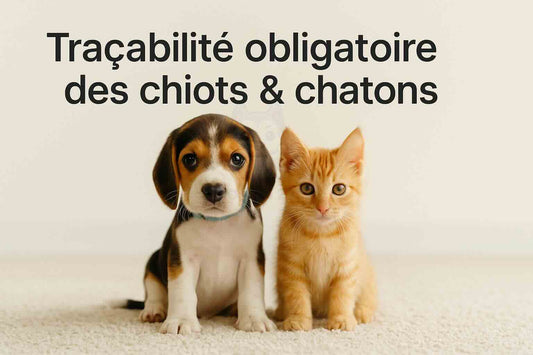 Femme tenant un jeune chien en laisse dans un parc, illustrant la nouvelle traçabilité obligatoire des chiots et chatons en Europe en 2025