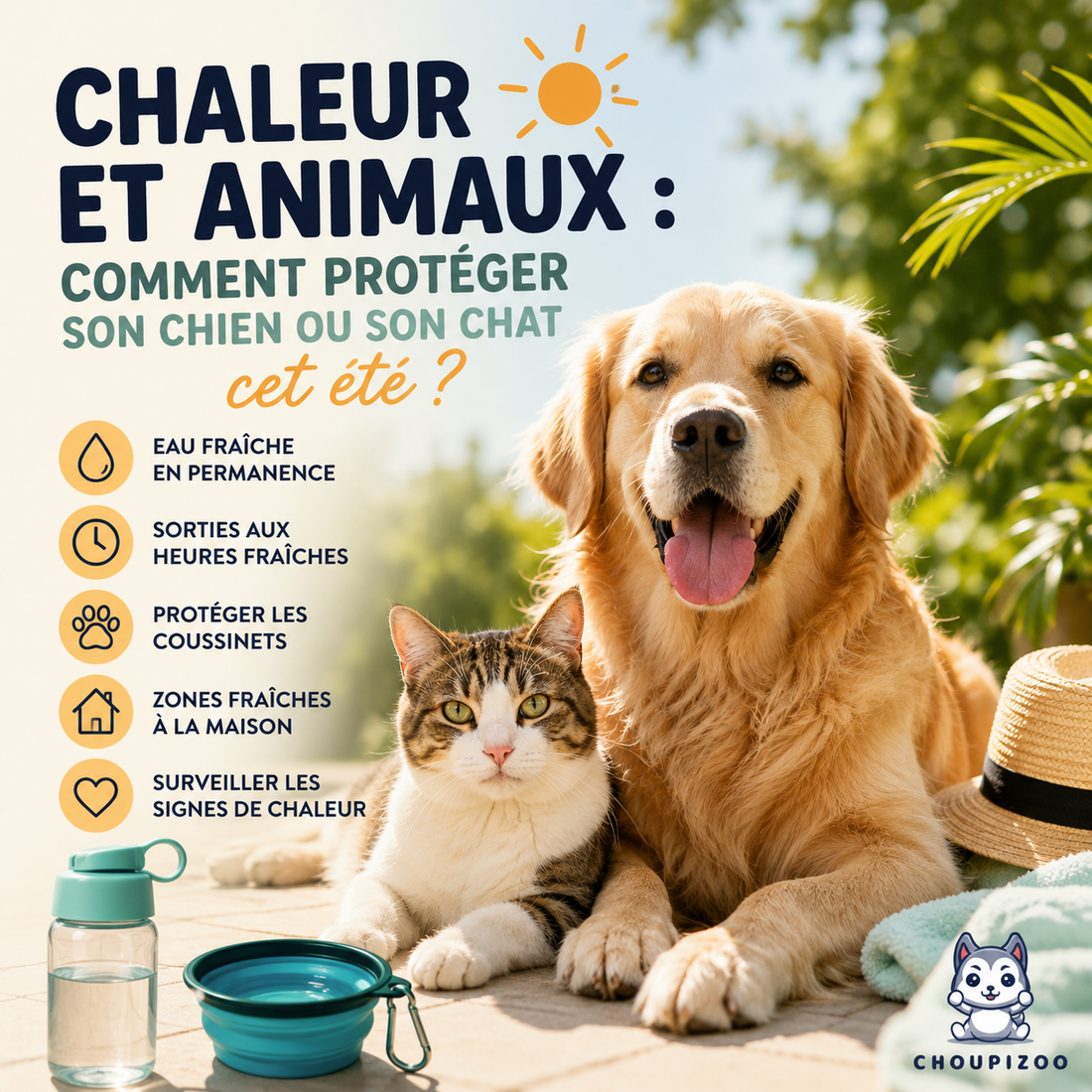 Chien et chat au soleil avec gamelle d’eau et accessoires d’été pour illustrer les conseils de protection contre la chaleur.