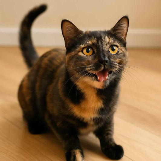 Chatte tigrée en chaleur montrant des signes typiques comme la vocalisation et la posture de lordose, utilisée pour illustrer les comportements durant les chaleurs chez la chatte