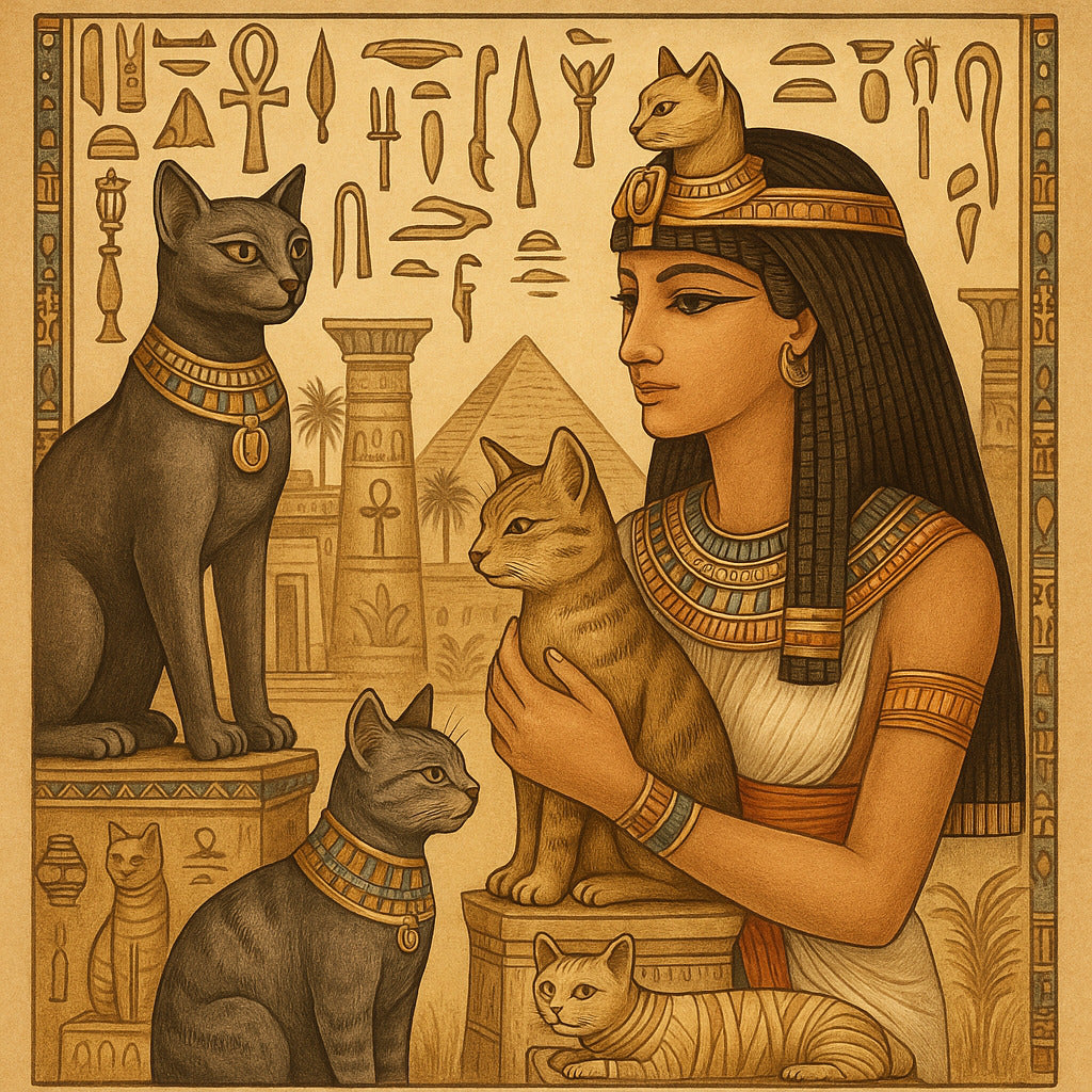 Illustration inspirée de l’Égypte antique montrant des chats sacrés et des hiéroglyphes.
