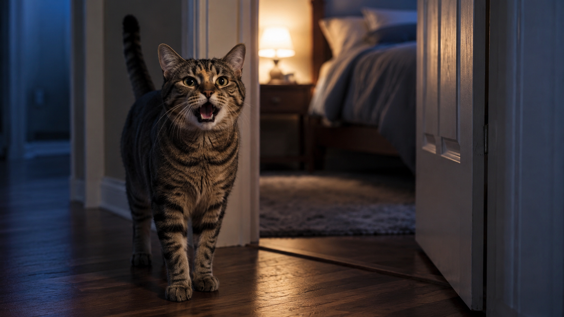 Chat tigré qui miaule la nuit dans un couloir éclairé, illustrant les réveils nocturnes et le besoin de comprendre son comportement.