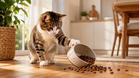 Chat tigré renversant une gamelle de croquettes dans une maison lumineuse