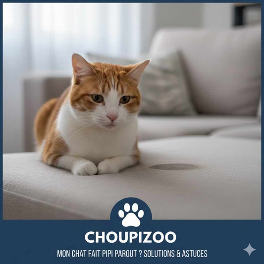 Chat assis près d'une flaque d'urine sur un tapis, regardant l'objectif. Illustration des problèmes de malpropreté et de stress félin.