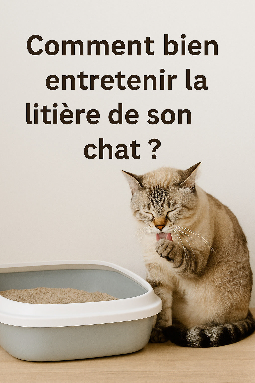 Chat domestique tigré utilisant sa litière propre dans une pièce lumineuse, illustration d’un bon entretien de la litière – ChoupiZoo