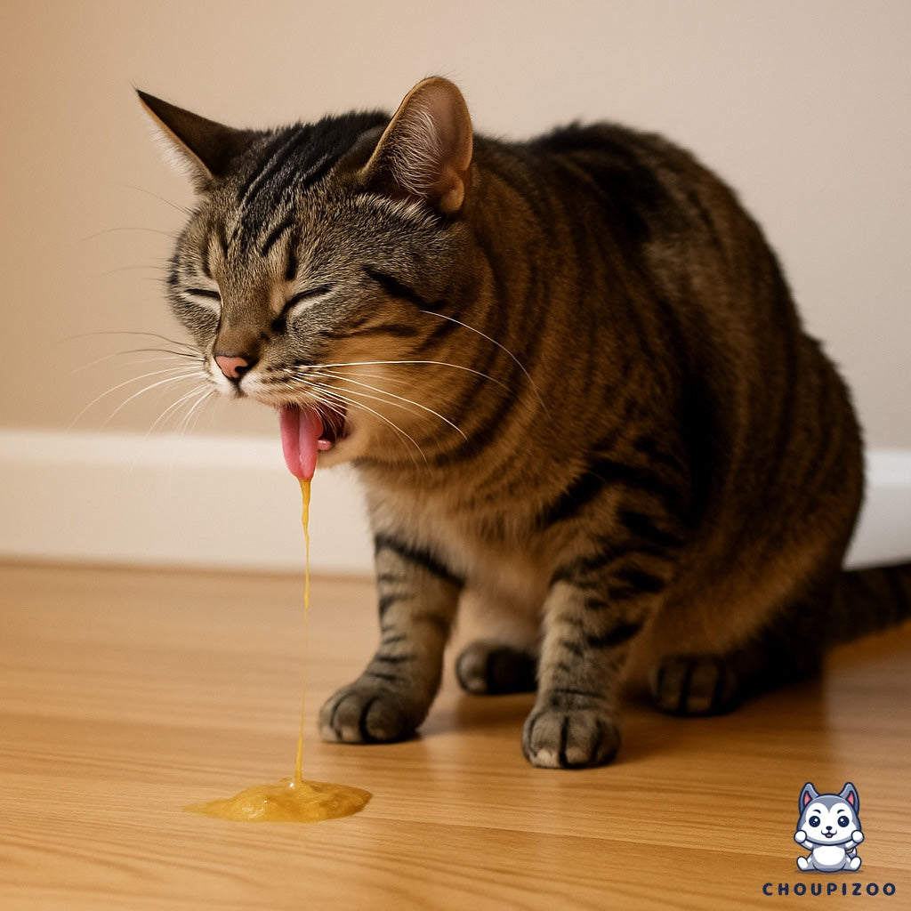 Chat tigré en train de vomir après avoir mangé, illustration des régurgitations chez les chats gloutons – Choupizoo.