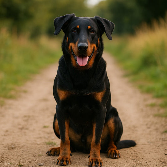 Beauceron noir et feu assis sur un chemin, portrait net en extérieur.
