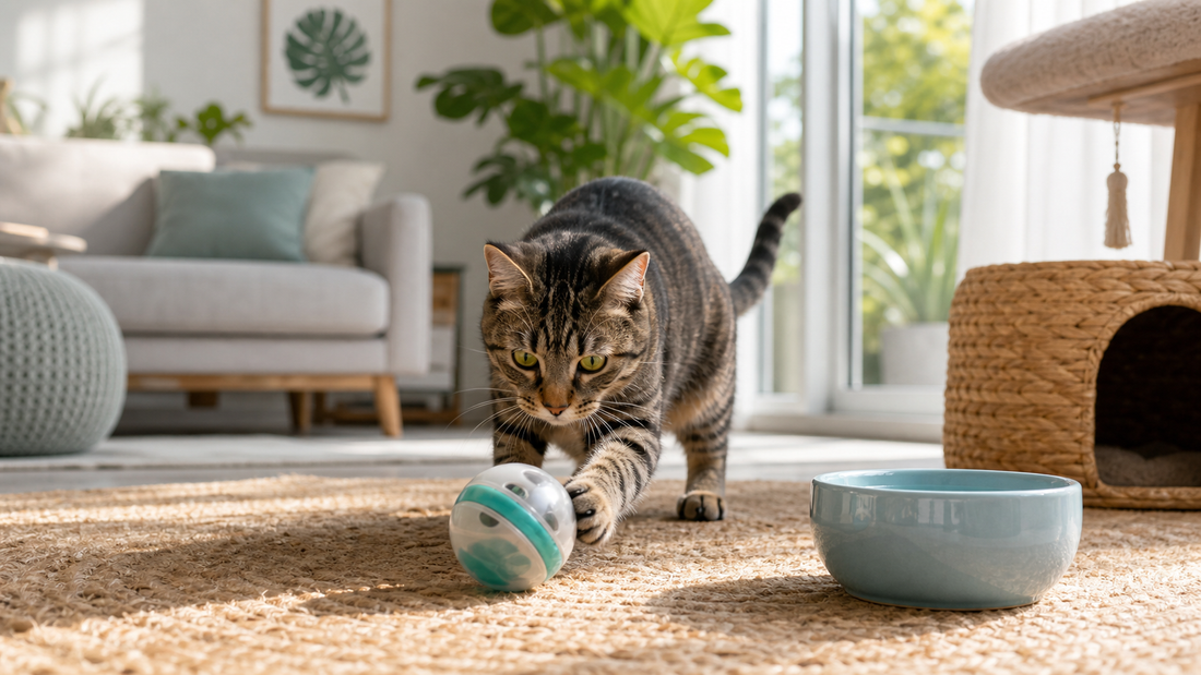 Chat d’intérieur qui joue avec un jouet interactif pendant l’été