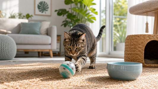 Chat d’intérieur qui joue avec un jouet interactif pendant l’été