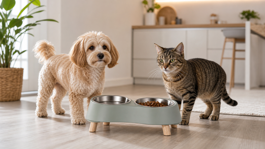 Gamelle surélevée pour chat et petit chien dans une cuisine lumineuse