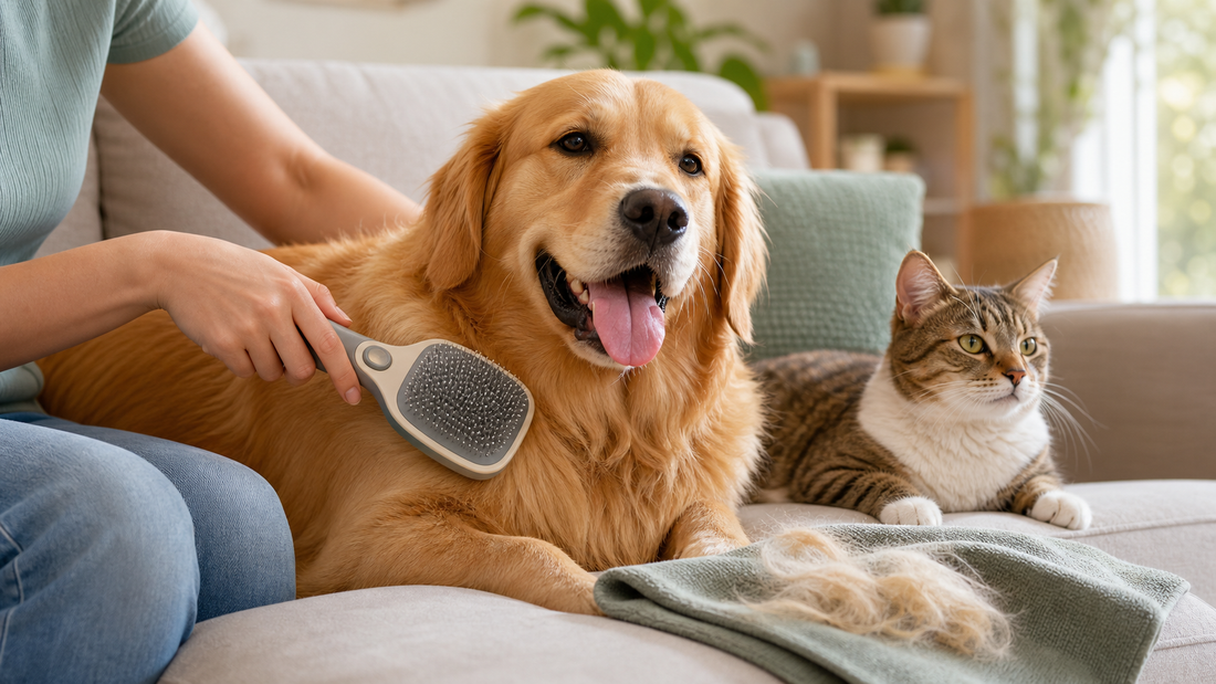 Brossage d’un chien avec un chat à côté pour limiter les poils à la maison