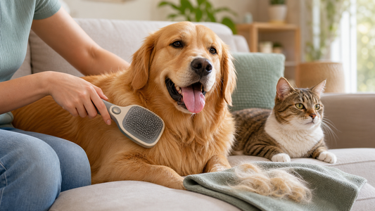 Brossage d’un chien avec un chat à côté pour limiter les poils à la maison