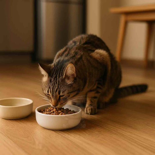 Chat tigré adulte mangeant des croquettes dans une gamelle blanche sur un sol en bois, illustrant les bonnes pratiques d’alimentation et de fréquence des repas chez le chat.