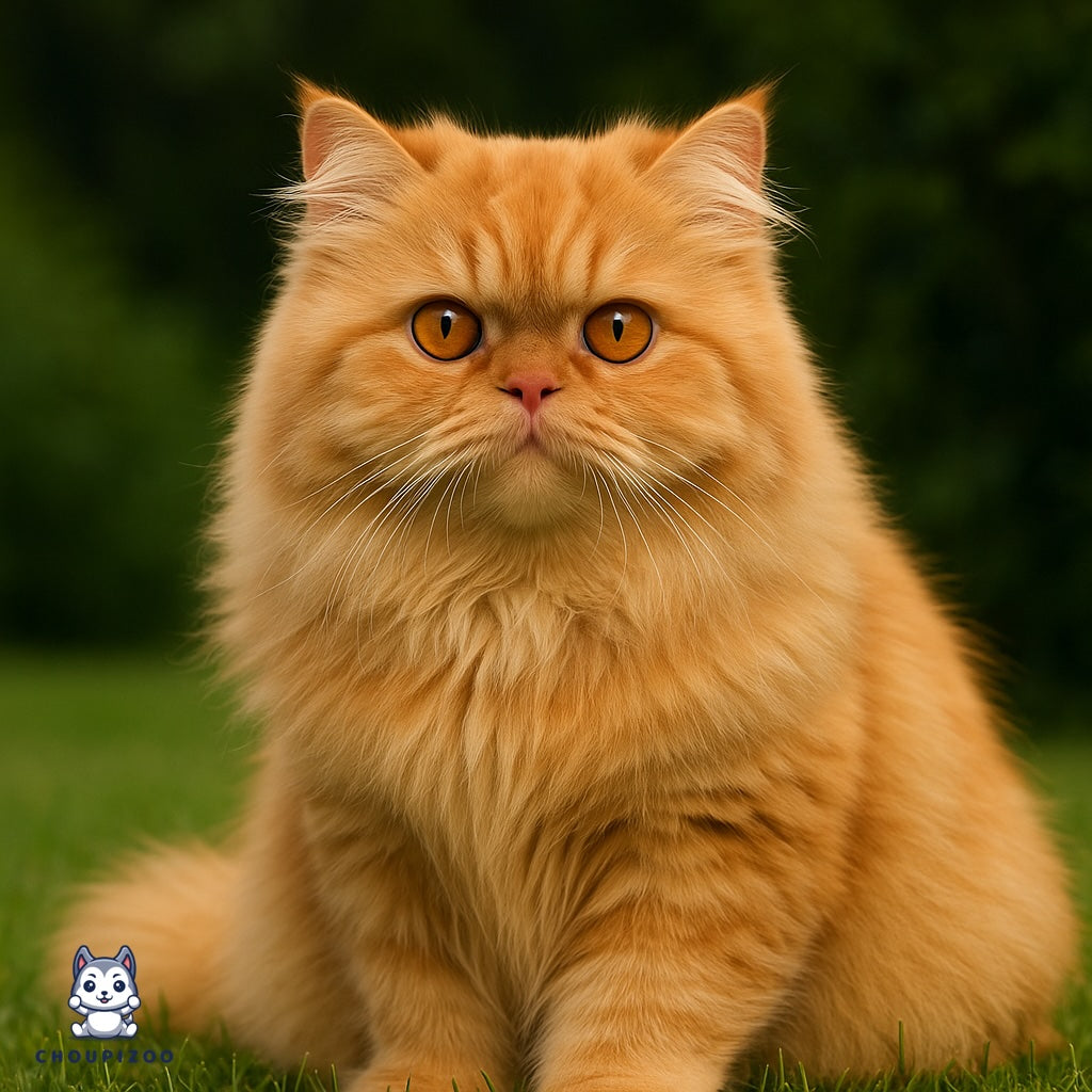Chat Persan roux assis dans un jardin, portrait en extérieur au pelage long et soyeux.