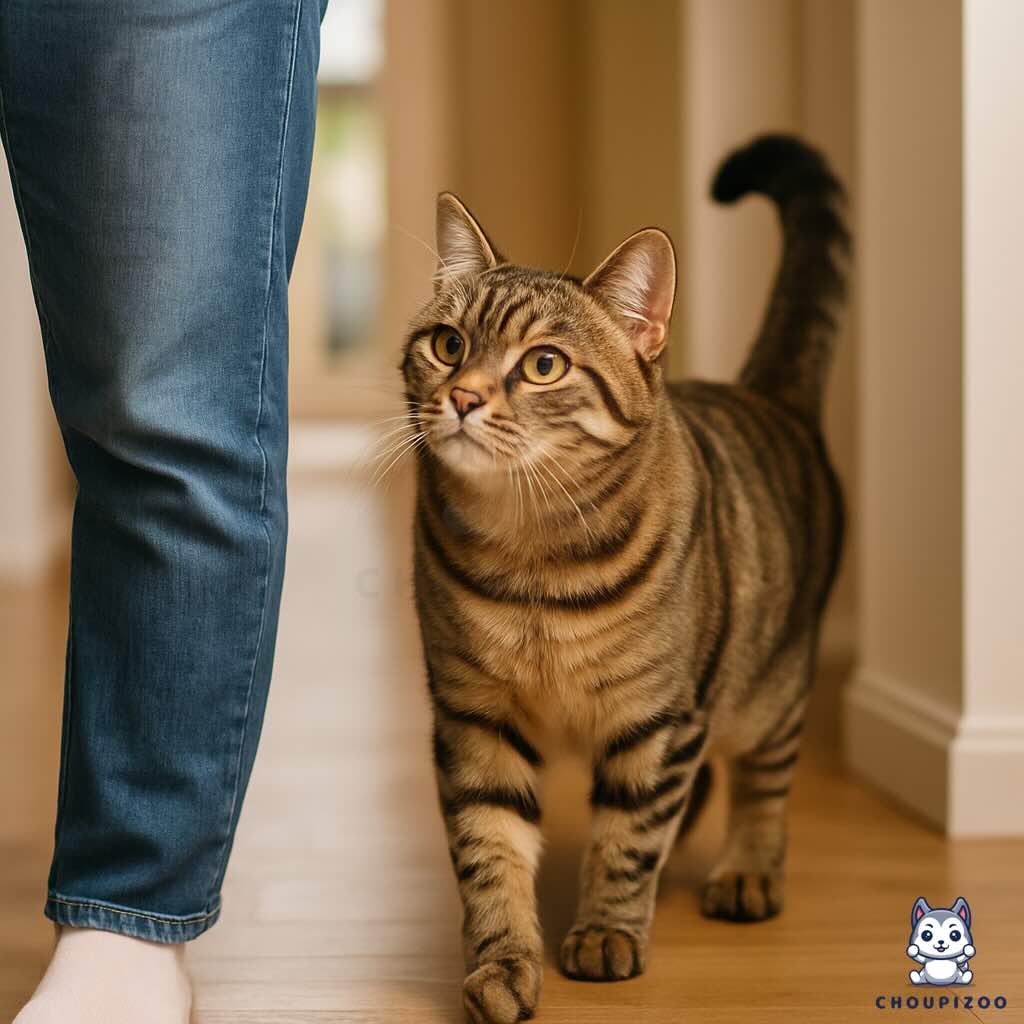 Chat tigré suivant son humain dans un couloir de la maison, illustrant le comportement félin d’attachement et de curiosité.