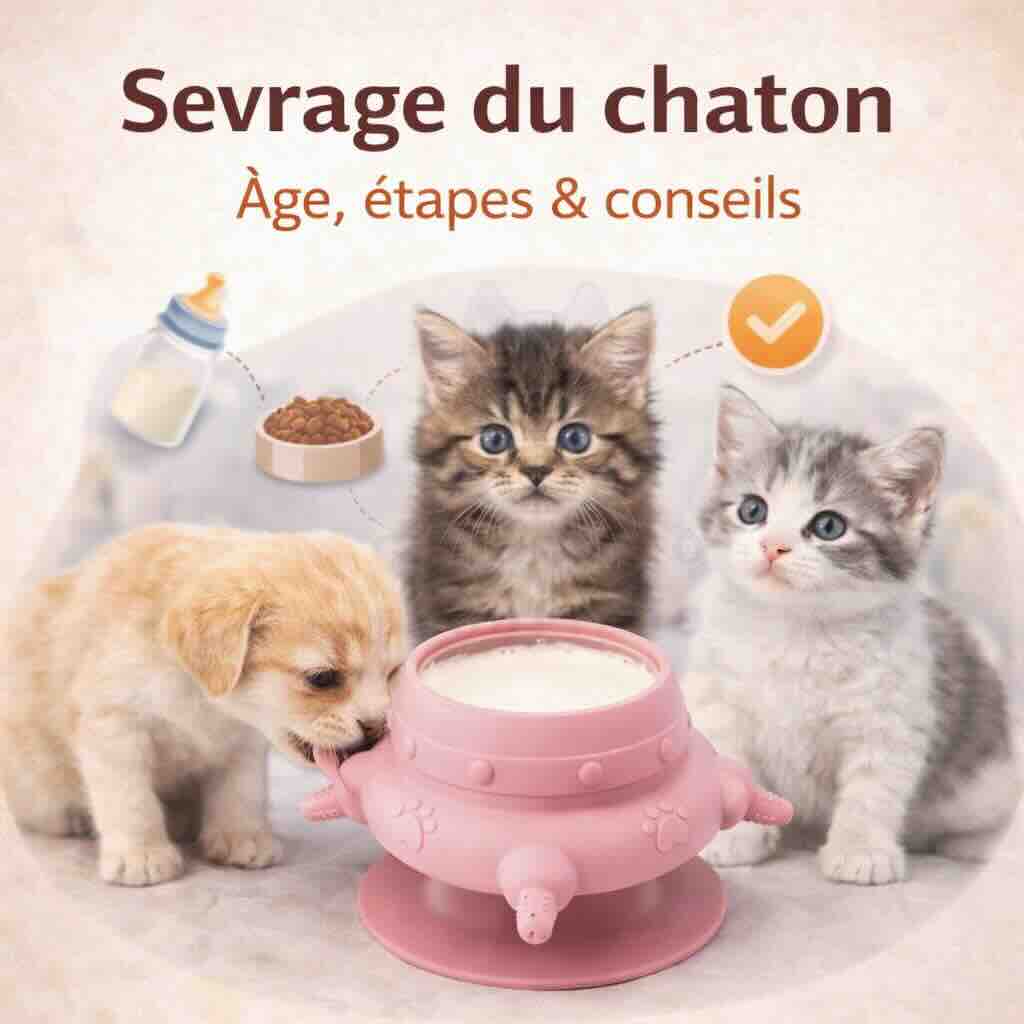 Illustration du sevrage du chaton montrant les étapes de transition du lait vers l’alimentation solide