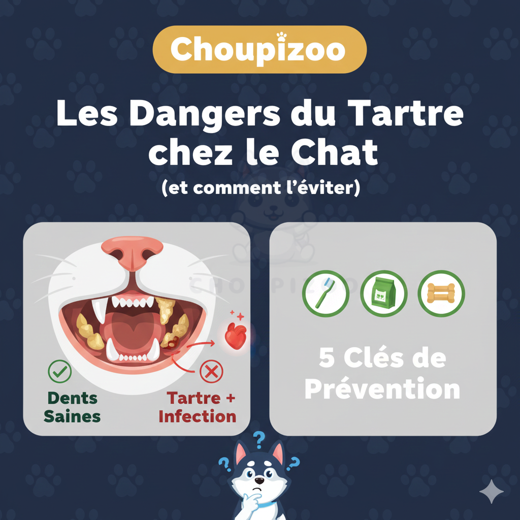 Illustration montrant un chat avec des dents saines à gauche et des dents atteintes de tartre et d'infection à droite, avec des icônes de prévention (brosse à dents, croquettes, friandise dentaire) et le husky Choupizoo