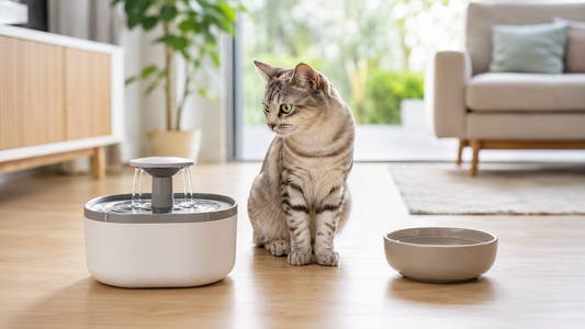 Chat entre une fontaine à eau et une gamelle classique pour comparer les solutions d’hydratation
