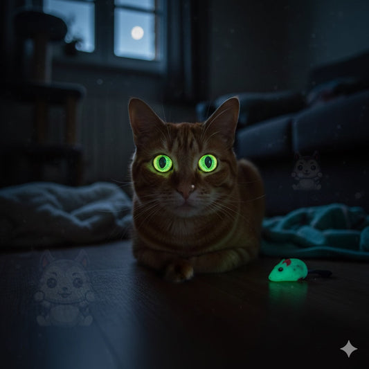 Gros plan réaliste sur l'œil d'un chat dans la pénombre, la pupille dilatée et l'effet Tapetum Lucidum rendant l'œil brillant pour capter la lumière résiduelle.