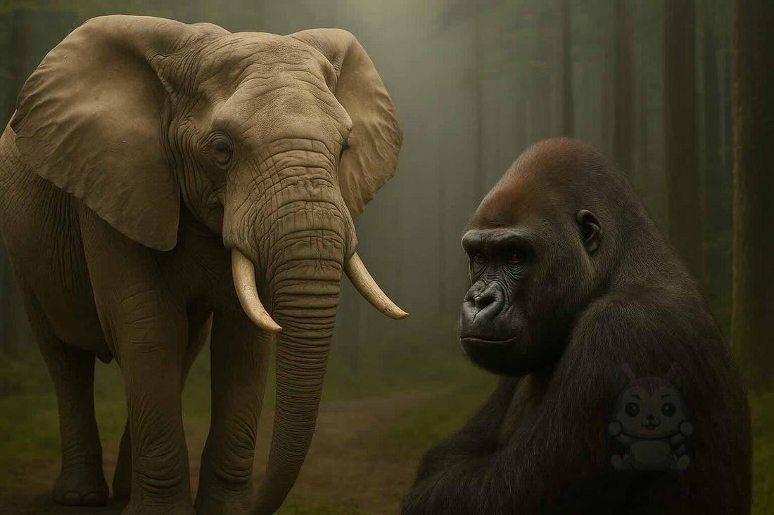 Éléphant et gorille dans une forêt représentant la nouvelle loi canadienne limitant la captivité des grands singes et des éléphants.