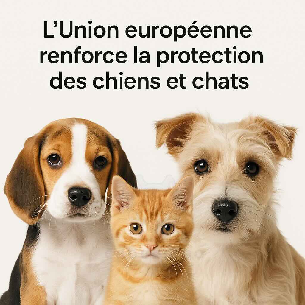 Trois animaux domestiques — un chien, un chat et un lapin — représentant la nouvelle réglementation européenne 2025 pour la protection et le bien-être des animaux de compagnie.