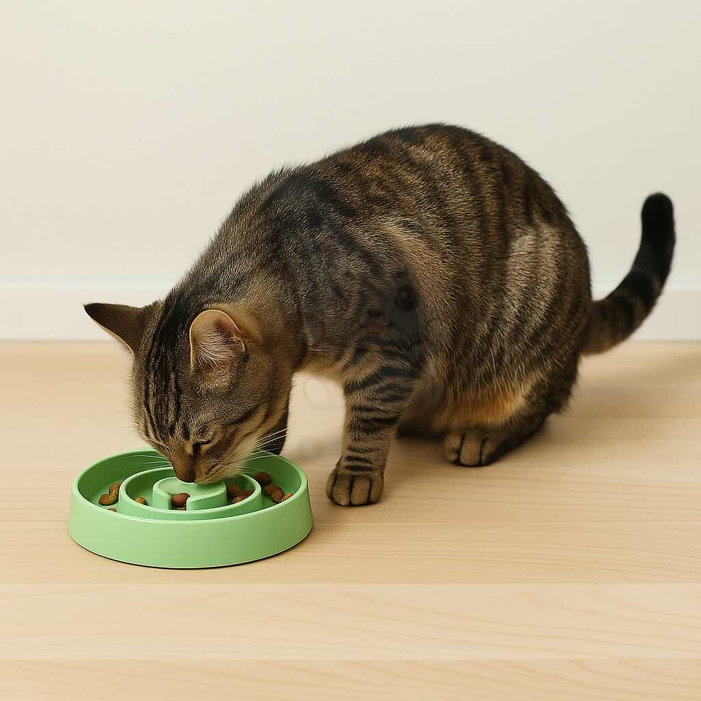 Chat tigré utilisant un bol interactif vert pour rechercher sa nourriture au sol, illustration du foraging pour stimuler les instincts naturels du chat