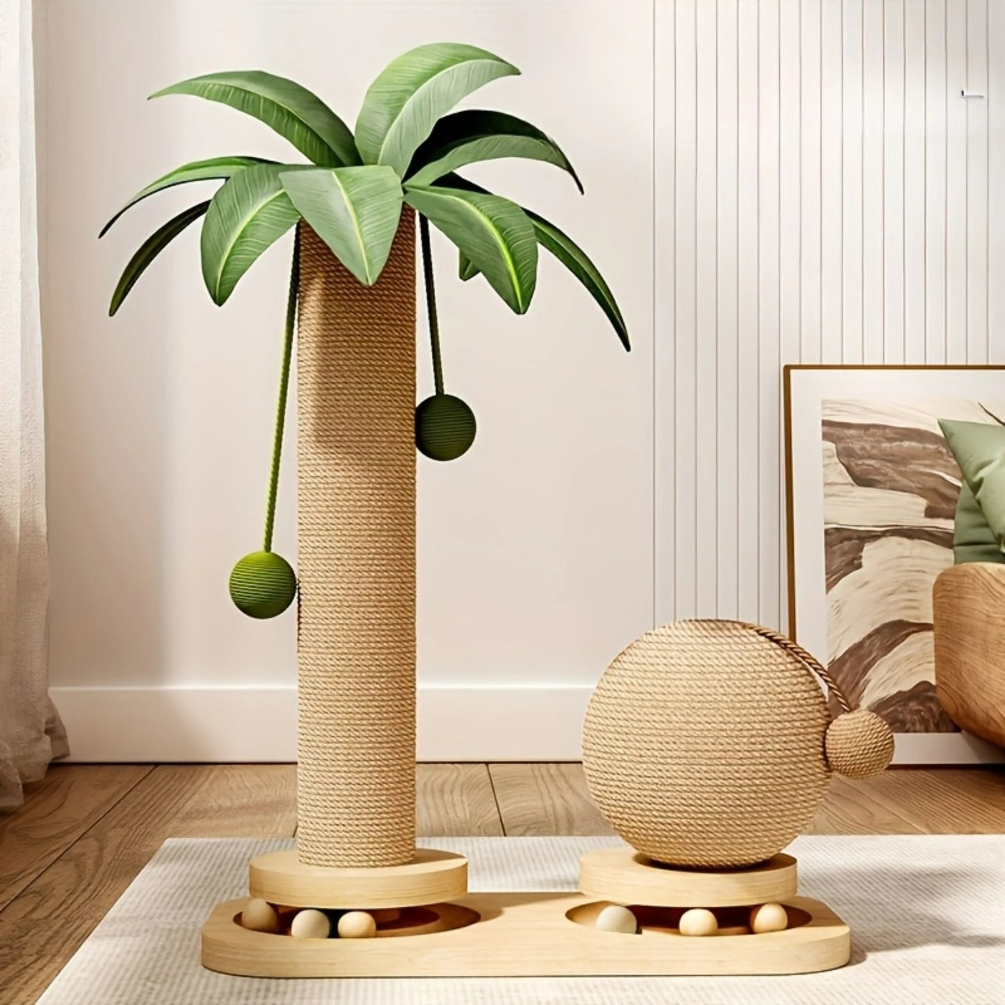 Arbre à chat Cocotier 2-en-1 – Griffoir design en sisal et bois naturel avec jouets suspendus | Gain de place