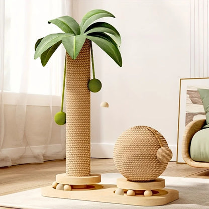 Arbre à chat Cocotier 2-en-1 – Griffoir design en sisal et bois naturel avec jouets suspendus | Gain de place