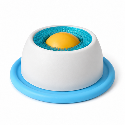 Bol à lécher bleu pour chien et chat avec zone texturée en relief pour ralentir et prolonger le léchage.