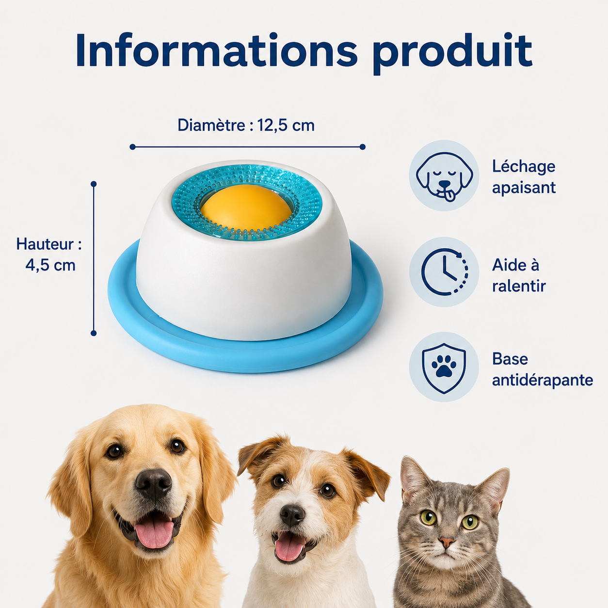 Infographie produit en français du bol à lécher ChoupiZoo avec dimensions, base antidérapante et aide à ralentir.