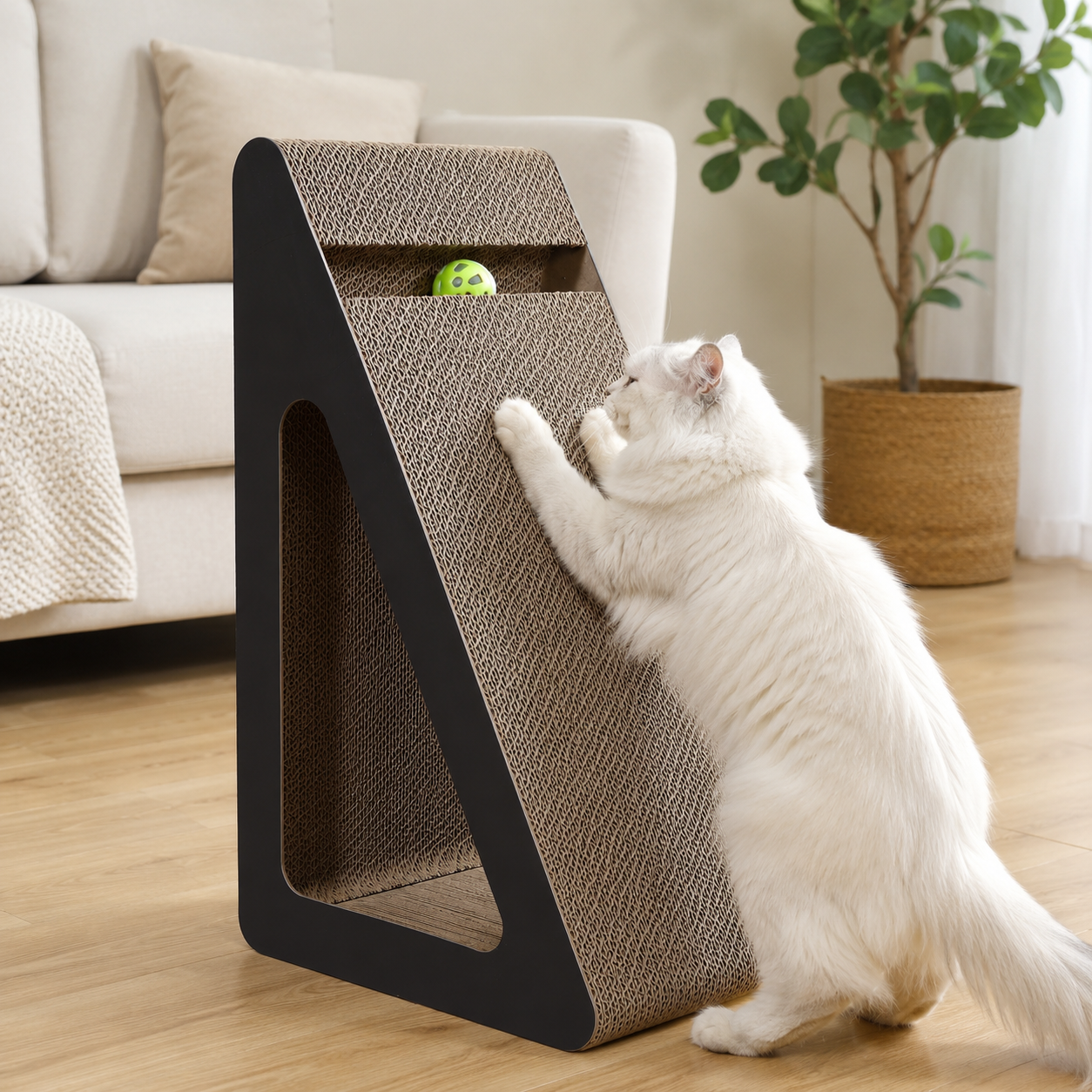 Chat blanc faisant ses griffes sur un griffoir incliné en carton dans un salon lumineux.