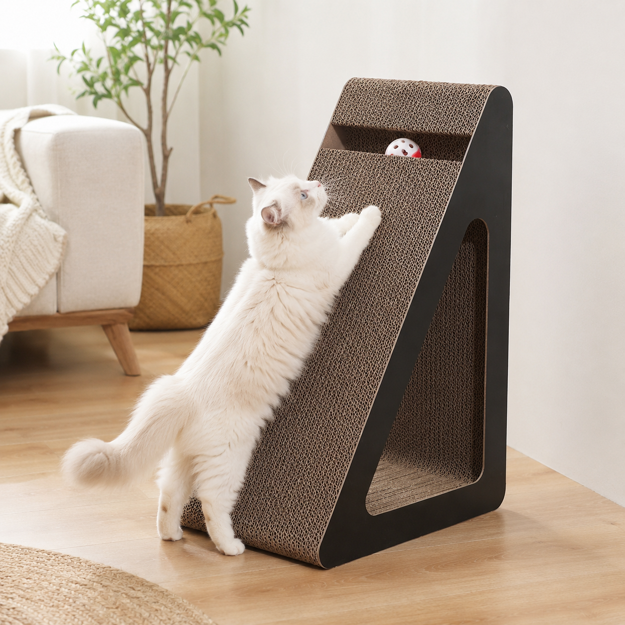 Chat blanc debout qui utilise un griffoir incliné en carton avec balle intégrée dans un salon lumineux.