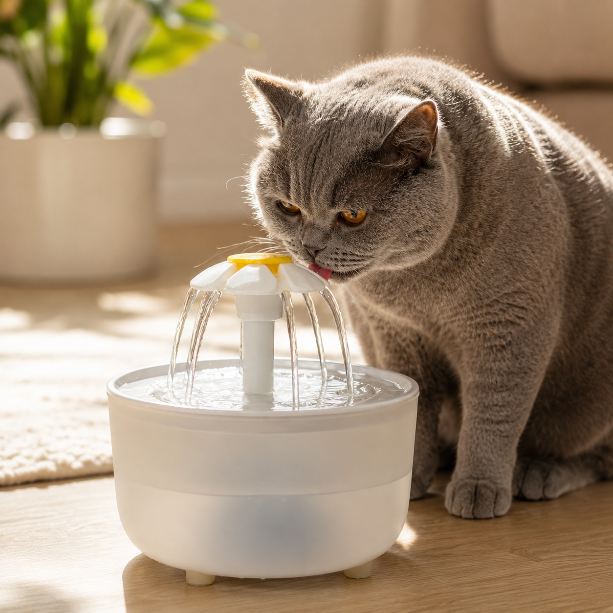 Chat gris attiré par une fontaine à eau Daisy avec eau qui circule, idéal pour donner envie de boire plus souvent.