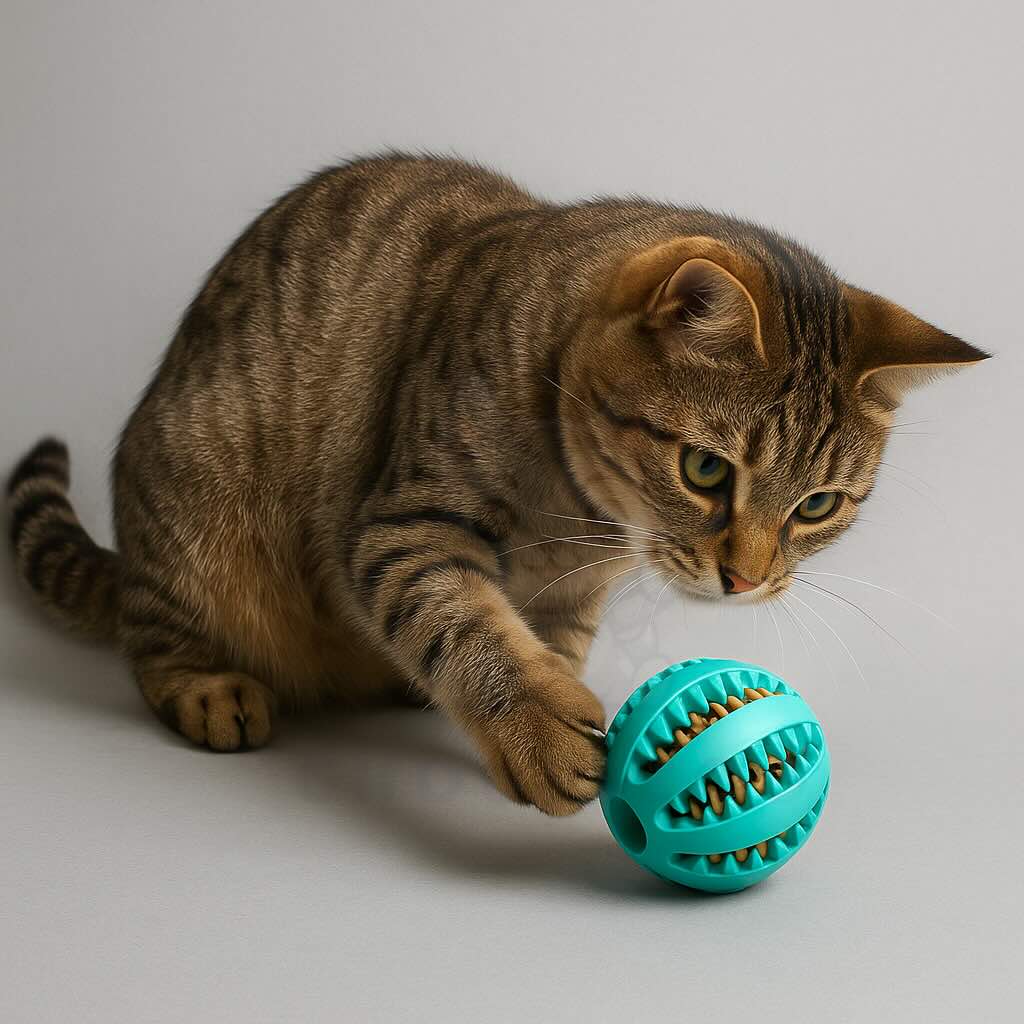 Chat tigré jouant avec une balle interactive en caoutchouc, conçue pour nettoyer les dents et stimuler l’activité physique.