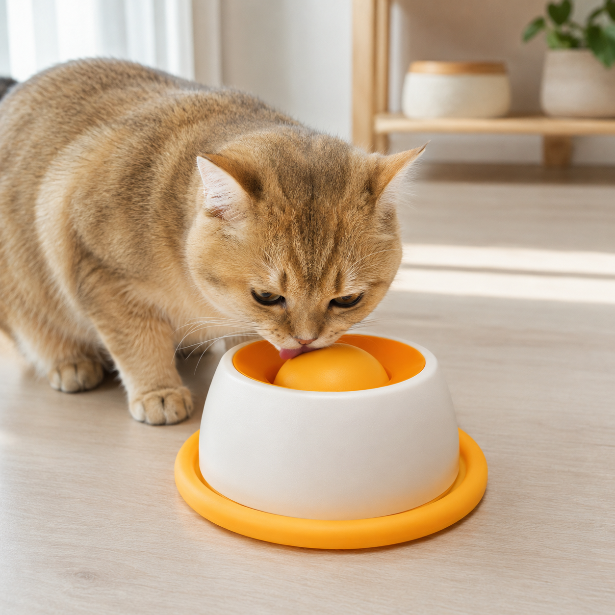 Chat qui lèche une friandise dans un bol à lécher jaune ChoupiZoo dans un intérieur lumineux.