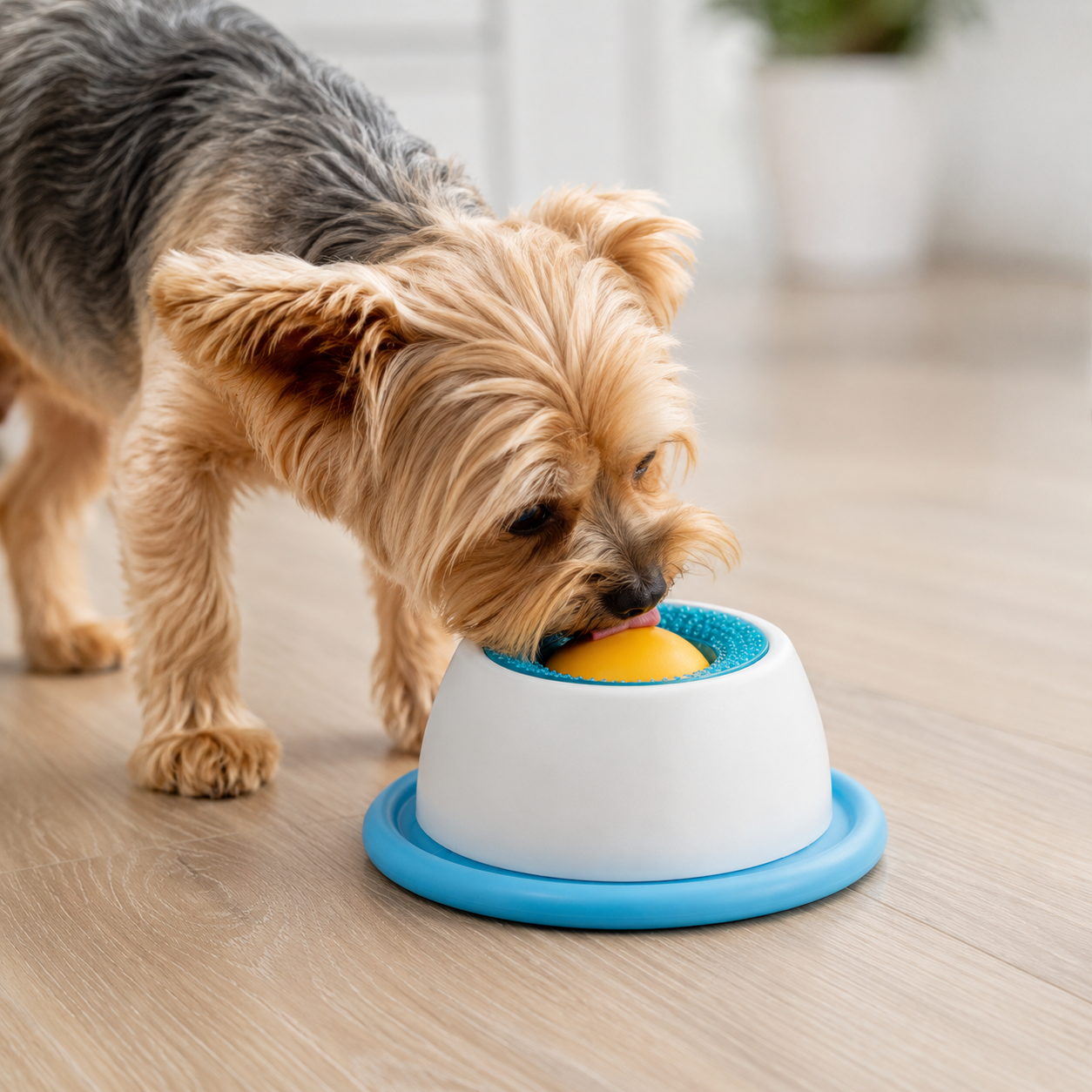 Petit chien qui utilise un bol à lécher bleu ChoupiZoo pour profiter d’une friandise à lécher.