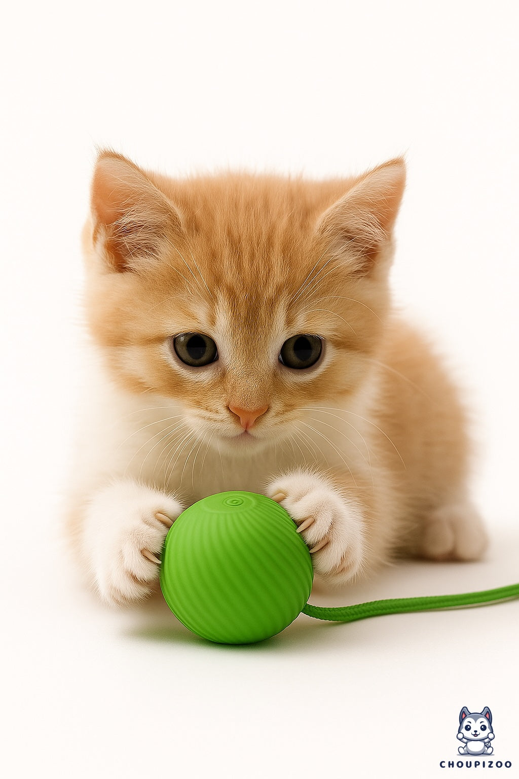 Chaton orange et blanc jouant avec une balle interactive verte pour chat