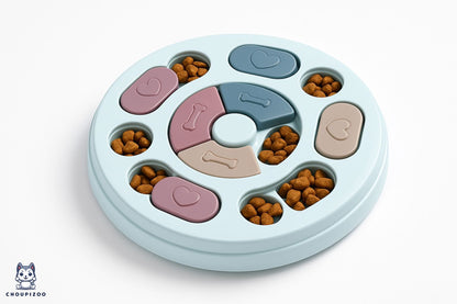 Jeu interactif éducatif pour chien – plateau à énigmes rond avec cases coulissantes pour ralentir l’alimentation et stimuler l’esprit.
