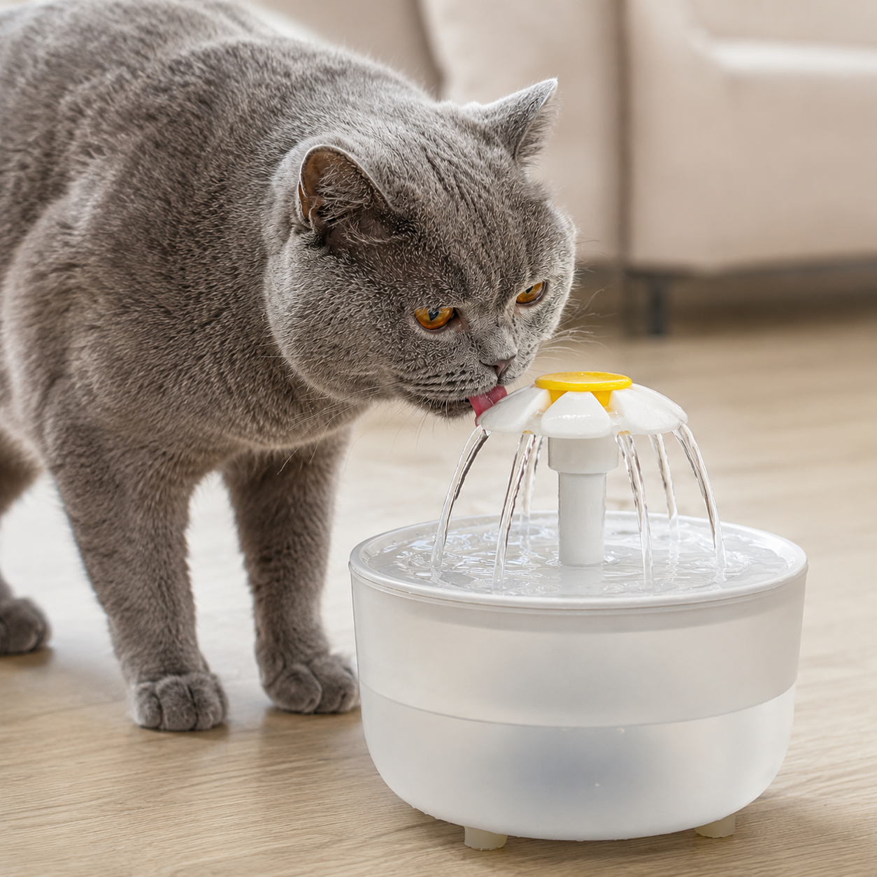 Beau chat gris qui boit de l’eau fraîche à une fontaine à eau pour chat dans un salon chaleureux.
