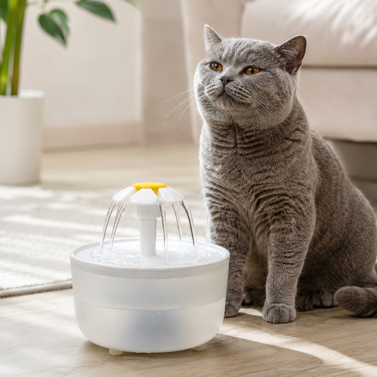 Chat gris assis près d’une fontaine à eau Daisy dans un salon chaleureux et lumineux.