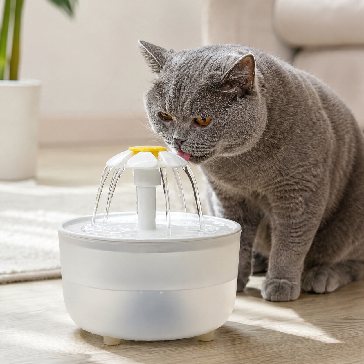 Chat gris buvant à une fontaine à eau Daisy ChoupiZoo avec eau en mouvement dans un intérieur lumineux.
