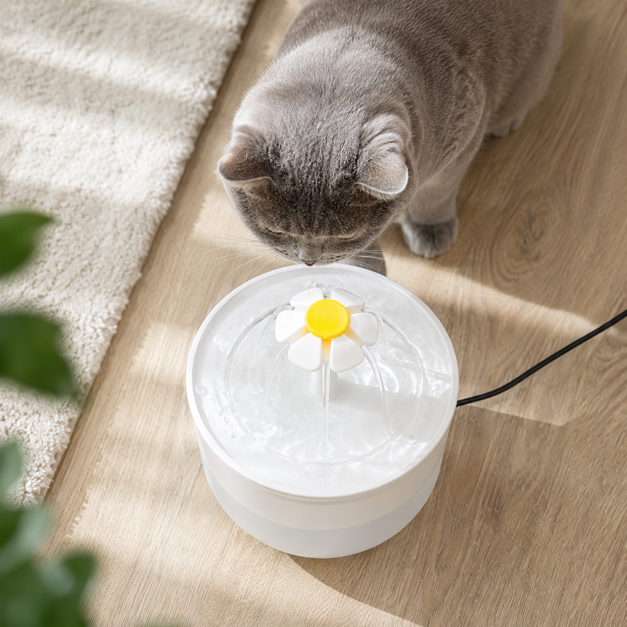 Détail de la fontaine à eau Daisy avec jets d’eau et chat gris en arrière-plan pendant qu’il boit.