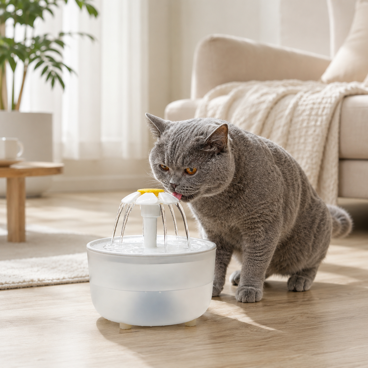Chat gris utilisant une fontaine à eau Daisy dans un salon lumineux pour encourager l’hydratation quotidienne.