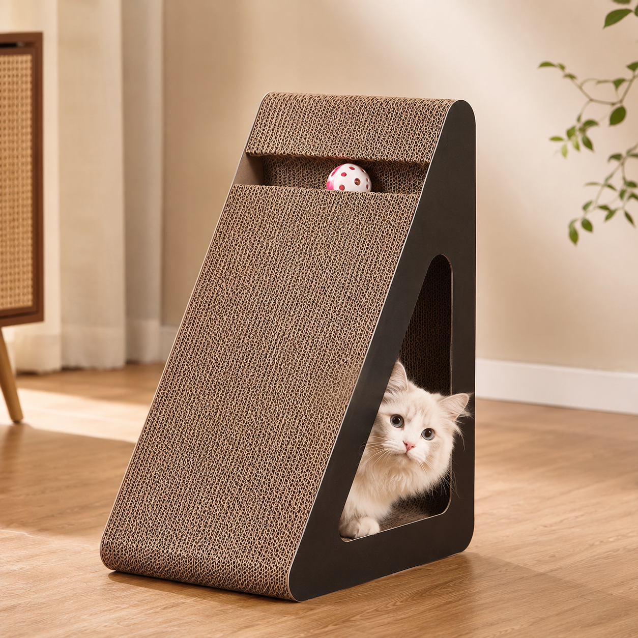 Chat curieux installé dans l’ouverture latérale du griffoir incliné ScatChed avec balle rose intégrée.