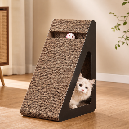 Chat curieux installé dans l’ouverture latérale du griffoir incliné ScatChed avec balle rose intégrée.